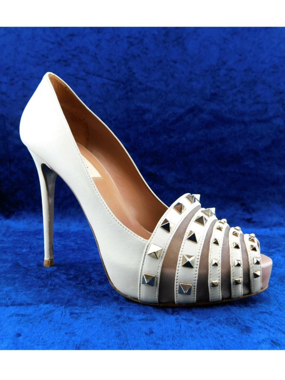 VALENTINO Rockstud Ivory Leather & Mesh Peep Toe Plat from Heel Pumps 37